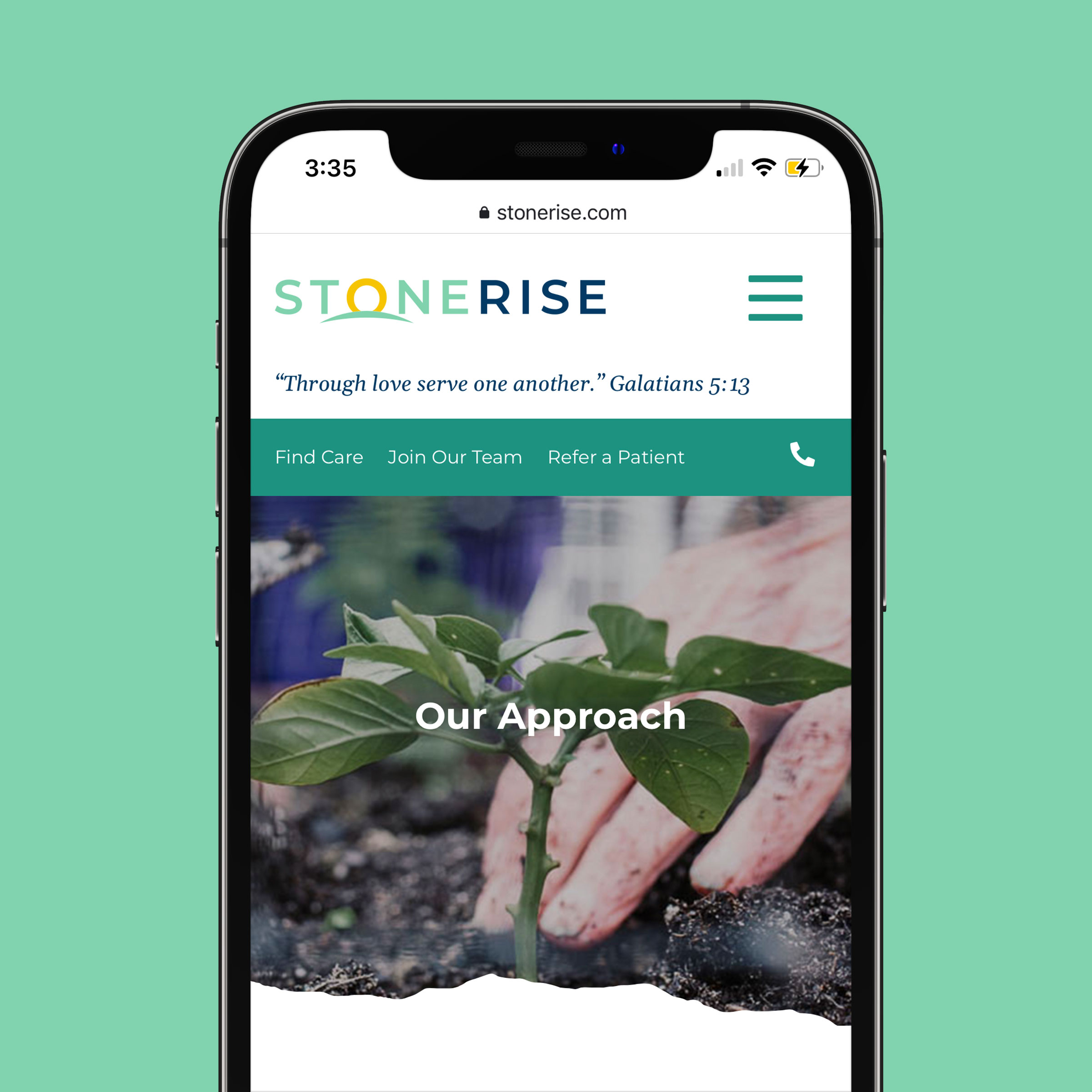 Stonerise website mockup in an iPhone