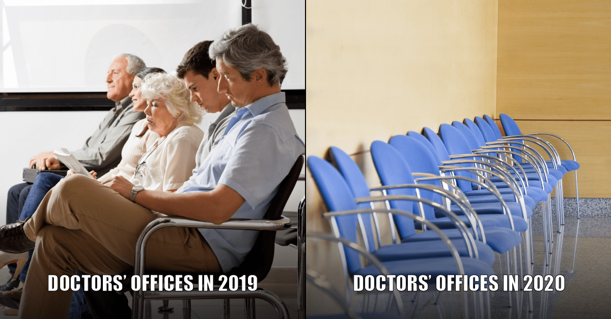 Meme that shows a row of filled seats in doctors’ office waiting room on the left and a row of empty chairs on the right