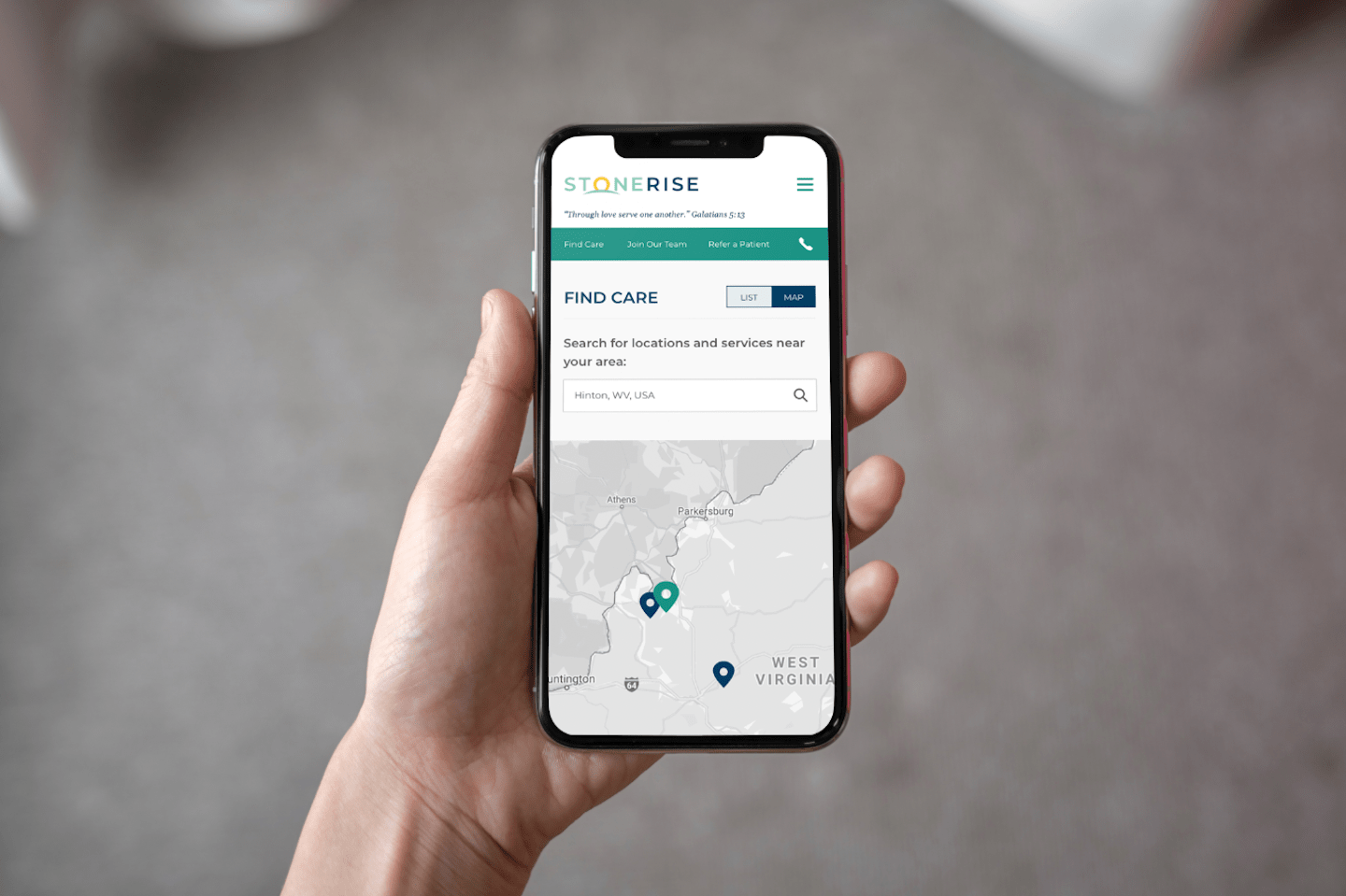 Stonerise Find Care Feature on a mobile device