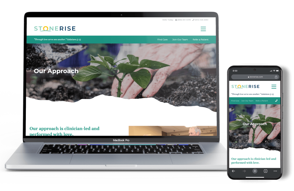 A laptop and a smartphone displaying the Our Approach page from the Stonerise website, which shows an elderly person's hands planting a seedling in soil.