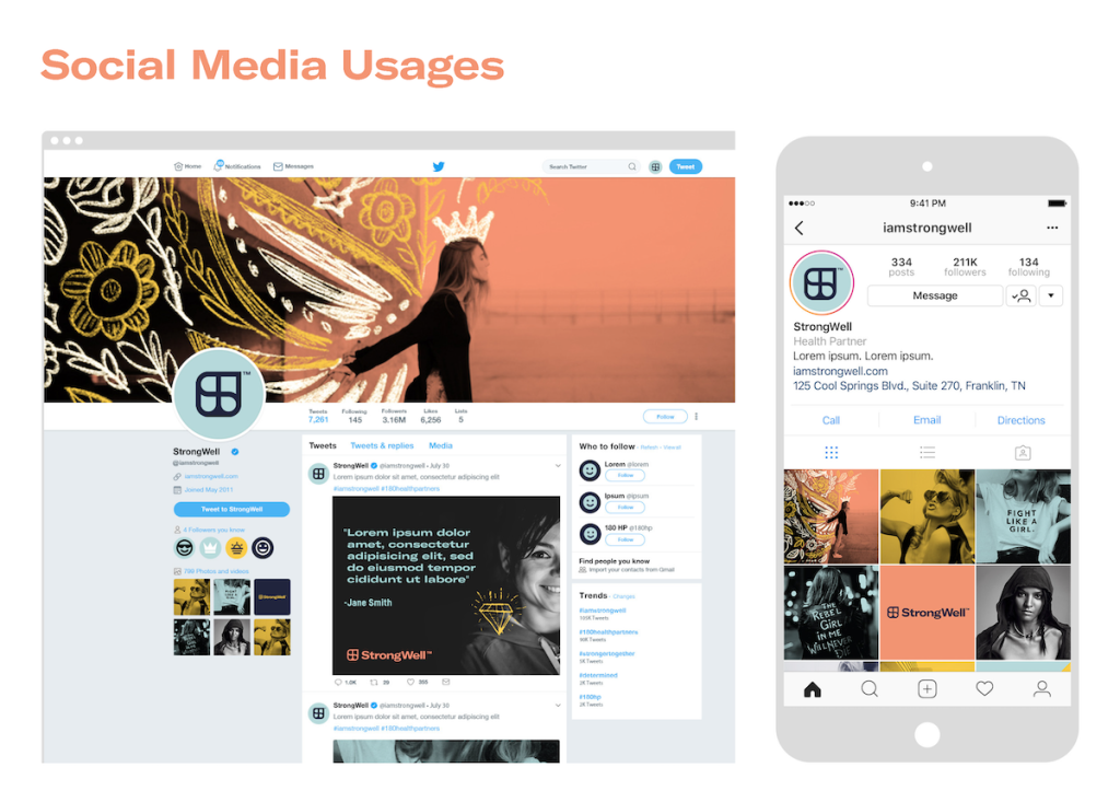 An image of StrongWell Branding on Facebook and Instagram Social Media accounts.