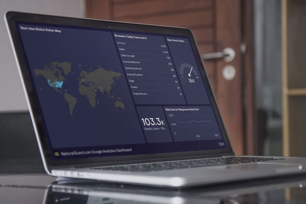 Open laptop on a desk showing an analytics dashboard of top web servers and browser usage across a world map.