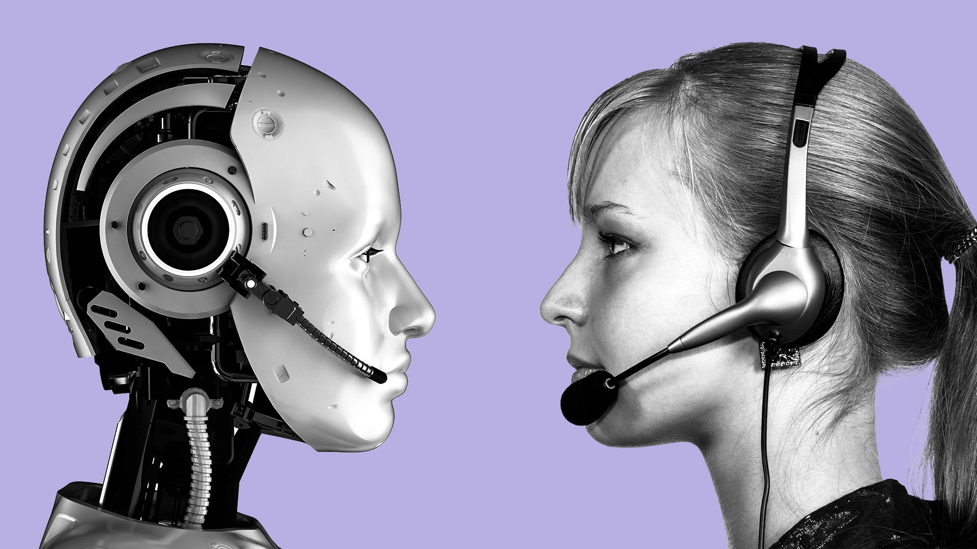AI robot facing a human contact center employee, robot and human facing one another wearing headsets, purple background with black and white robot and human images facing one another